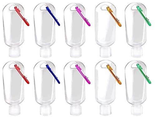 LATRAT Pack of 10 50 ml Travel Bottles Set Portable Transparent Plastic Bottles Cosmetic Bottles Portable with Carabiner, Empty Refillable Bottles for Toiletries Lotion, Shampoo, Liquids