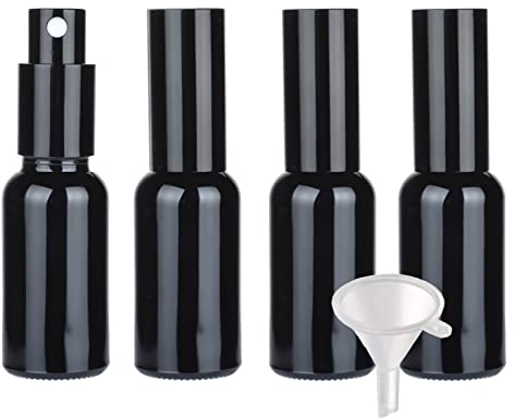 TIANZD 4 Stück Leere 30 ml Schwarzglas Sprühflasche mit Schwarz Zerstäuber Flasche, 30ml Tragbar Glas Feinen Nebel Pumpzerstäuber Parfümzerstäuber Zerstäuberflasche Reise Flakons, 1x Trichter