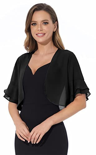 Women Shrug Soft Chiffon Open Front Sheer 3/4 Sleeve Bolero Cardigan for Evening Dress, Black, Large
