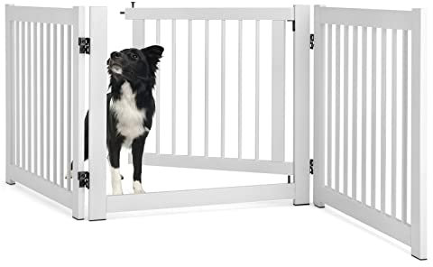 COSTWAY Cancelletto per Cani da Interno in Legno Massello, Design Girevole e Portatile, con 3 Ante, Cuscinetti Antiscivolo e Serratura, Ideale per Cani di Piccola/Media Taglia, 206 x 61 cm (Bianco)