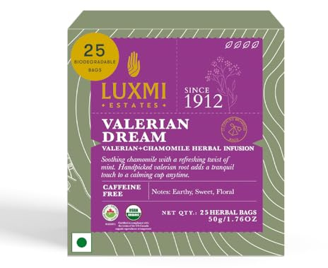 Luxmi Estates Valerian Dream Tea | 25 Pyramid Tea Bags (50g, 1.76oz) | USDA Organic Five-Herb Blend with Valerian Root, Chamomile, Lavender, Rose Petals & Peppermint | Caffeine-Free, Vegan