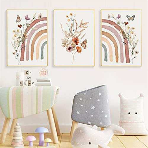 Sarah Duke 3er Set Poster Regenbogen Blume Schmetterling Kinderzimmer Deko, Boho Deko Wandbilder Kinderzimmer Babyzimmer Poster Bilder Mädchen Jungen, Ohne Rahmen (30x40cm)