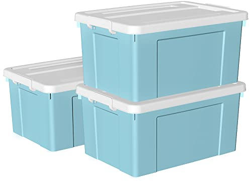 Cetomo 65 l x 3 Kunststoff-Aufbewahrungsbox, Tragetasche, Organisationsbehälter mit robustem Deckel und sicheren Verriegelungsschnallen, stapelbar und stapelbar, 3 Stück, blau mit Schnalle