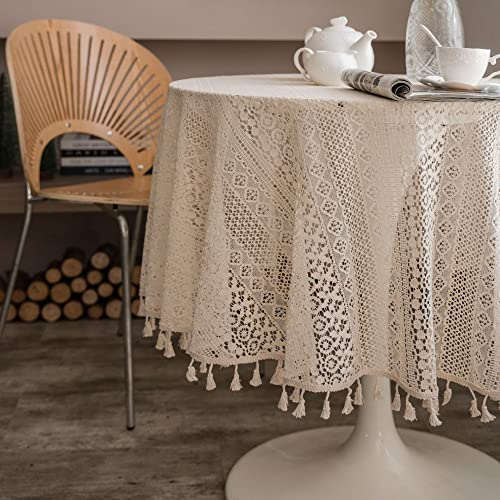 Nyescasa Vintage Rund Tischdecke Garten Spitze Tischwäsche mit Quaste Baumwolle Gewebte Durchbrochene Tischtuch Klein Tafeltuch für Outdoor Garten Couchtisch Esstisch Wohnzimmer 150cm Beige