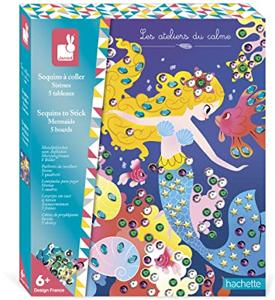 Janod - Pailletten-Bastelset Meerjungfrauen - Les Ateliers du Calme - Kreatives Hobby Kinder - Feinmotorik und Konzentration - Ab 6 Jahre, J07926