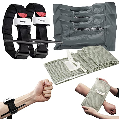 2PCS Taktische Tourniquets+2PCS Israeli Bandage 6 Emergency Bandage mit Vakuumver Packungs für Einhandbedienung des hämostatischen, Notfall Erste-Hilfe Bandage für Wandern Bergsteigen Sport Camping
