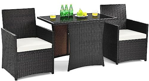 KOMFOTTEU 3 TLG. Rattanmöbel Set, Gartenmöbel aus Rattan, Sitzgarnitur mit 2 Sesseln & 1 Tisch, inkl. Kissen & Glastischplatte,platzsparende Balkonmöbel für Terrasse Garten Balkon, Dunkelbraun