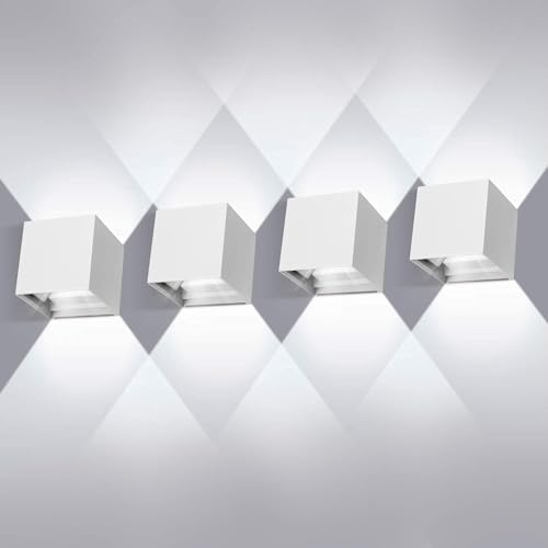 ledmo 4 Stücke LED Wandleuchten Innen/Außen Wandlampe Innen Auf und ab Einstellbarer Lichtstrahl 6000K Kaltweiß LED Außenwandleuchte IP65 Wasserdichte,Weiß
