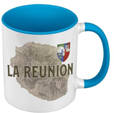 Mug de Couleur Qualité Premium Bleu - La Réunion 974 Ile Departement Carte Ancienne France - Tasse avec anse et intérieur de couleur