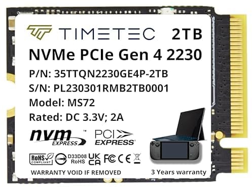 Timetec SSD M.2 2230 da 2 TB NVMe PCIe Gen4x4 in lettura fino a 7.000 MB/s Compatibile con Steam Deck, ASUS ROG Ally, Microsoft Surface pro 9/pro 8/pro 7+/pro X/laptop3/laptop4/laptop go/book3, mini