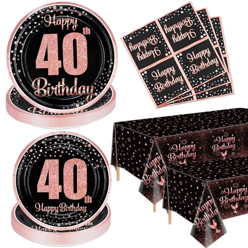 40ème Décorations d'Anniversaire Noir et Or Rose pour Garçons Filles - 122 Pcs Assiettes, Serviettes, 40ème Nappe pour Décorations de Fête Noir et Or Rose Servez 40