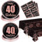40ème Décorations d'Anniversaire Noir et Or Rose pour Garçons Filles - 122 Pcs Assiettes, Serviettes, 40ème Nappe pour Décorations de Fête Noir et Or Rose Servez 40