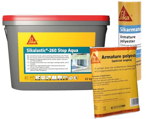 SIKA - Revêtement d'étanchéité sous carrelage - Prêt à l'emploi - Pour salle de bain & douche à l'italienne - 22kg + Armature de renforcement d'étanchéité 10m x 20cm + Armature spécial angles