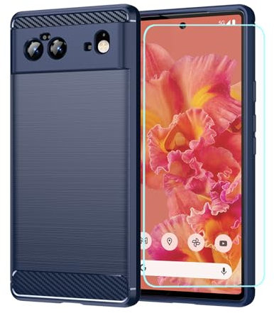 OEURVQO for Google 6 Pixel 6 Case Built-in Tempered Glass Matte Brushed Carbon Fiber Soft TPU Anti-Slip Durable Lightweight Protective Phone Cover for Google Pixel 6 (Blue)