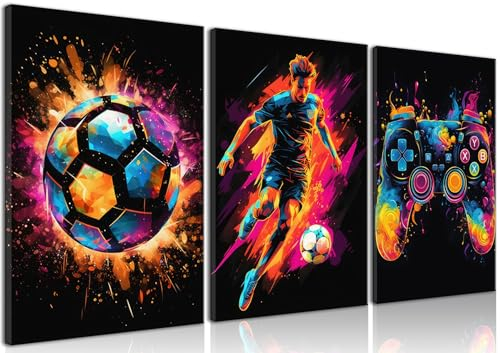 BGFCE gerahmte Leinwand-Wandkunst, Gemälde „Game Controller Farbspritzer“, Leinwandbild, Poster für Raum-Ästhetik, Fußball-Leinwandkunst zur Dekoration im Jungenzimmer, 30,5 x 40,6 cm, 3er-Set