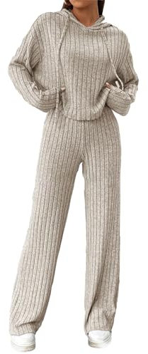 Geagodelia Damen Ribbed Zweiteiler Lounge Set Hausanzug Strick Loungewear Hosenanzug Elegant 2 Teiler Set Top + Hose Tracksuit Kleidung Outfit Anzug (B - Champagne, M)