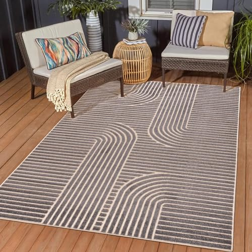 Mazovia Outdoor-Teppich Balkon 140x200cm Anthrazit Grau Geometrisch Elegant | Balkon Teppich für Terrasse Garten Wetterfest Pflegeleicht UV-Beständig Tierfreundlich Wasserabweisend Kurzflor Robust Modern
