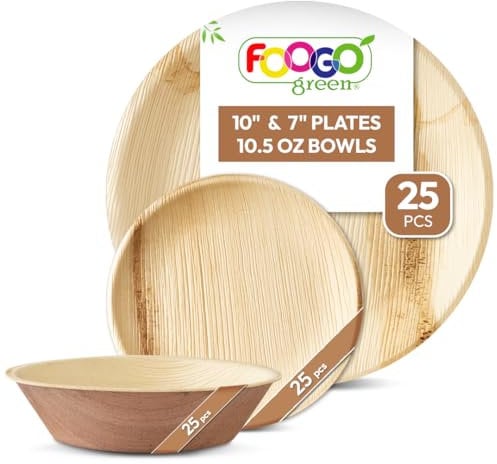 FOOGO Green 75pcs Disposable Palm Leaf Plates and Bowls, 25x Large Round, 25x Small Plates, 25x Bowls, Disposable Bamboo, Biodegradable, Strong, Picnic Camping