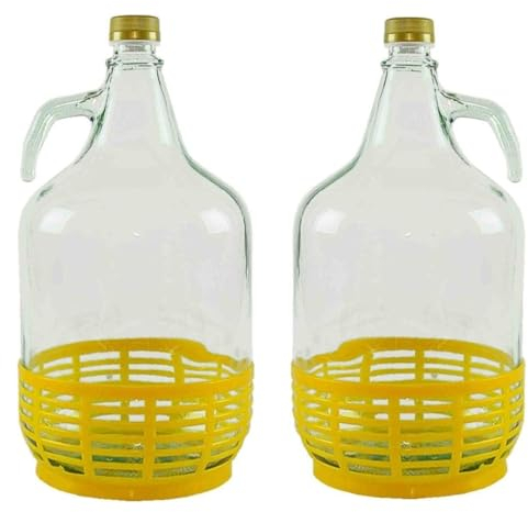 SET 2 x Damigiana, Fiasco, Bottiglie di Vetro, da 5 l, con Chiusura a Tappo VITE e cestello - Dama Vetro 5L per Acqua Vino Olio - BOCCIONE Vetro per STOCCAGGIO
