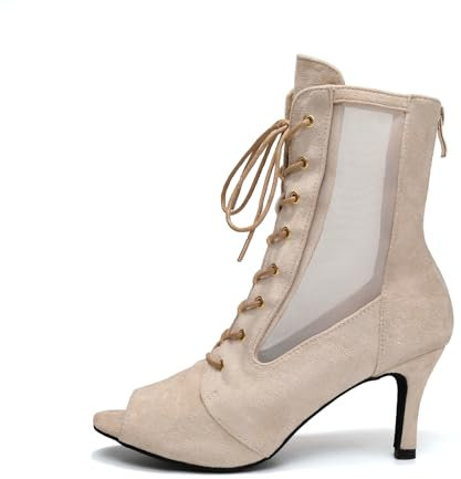 HIPPOSEUS Stivali da Ballo Latino Americano Donna con Punta Aperta Camoscio Beige Salsa Bachata Scarpe da Ballo da Sala Stivaletti da Ballo Tacco 7 cm per la Danza al Coperto, 37.5 EU