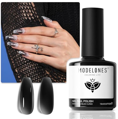 Modelones Black Gel Nail Polish, 15ML 1Pc Jelly Nude Neutral Translucent Sheer Black Gel Polish Soak Off LED Nail Lamp Glassy Jelly Long Nails DIY Home for Women