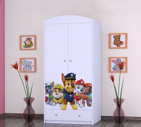 BDW - Kinder Kleiderschrank - Kinderschrank Super Hunde Motiv - Aufbewahrungsschrank für Jugendzimmer, Kinderzimmer - Drucke aus sicheren Farben - 187x88x54cm - Weiß - Das Team