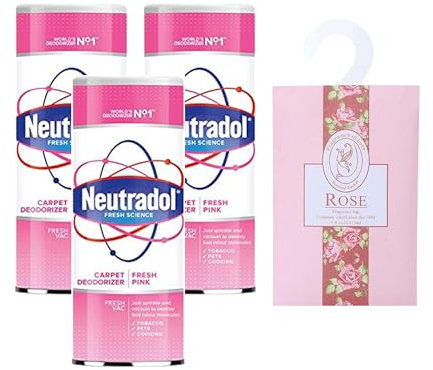 2-in-1 Shake and Vac Carpet Cleaner Powder Bundle: 3 x Neutradol 350g Shake and Vac Carpet Freshener Pink Fresh + Hanging Wardrobe Spice Scent Sachet (Rose)