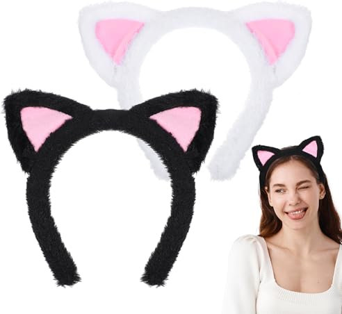 GEEHUA Lot de 2 bandeaux à cheveux avec oreilles de chat en peluche douce pour Halloween, cosplay, fête costumée, accessoires pour cheveux, soins de la peau, maquillage, lavage du visage