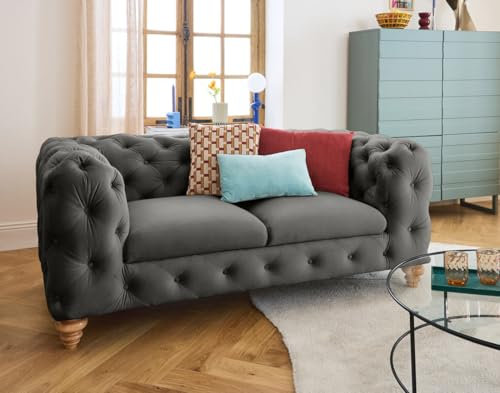 Lisa Design Walter - 2-Sizter Sofa Chesterfield samt - Holzfüße Grau