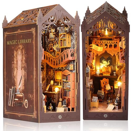 Book Nook Kit DIY Puppenhaus Holz Haus, 3D Holzpuzzle mit Sensor-LED – DIY Bücherecke Fantasy Bibliothek,Diorama & Bücherregal Deko für Erwachsene Teens(Magic House-2)