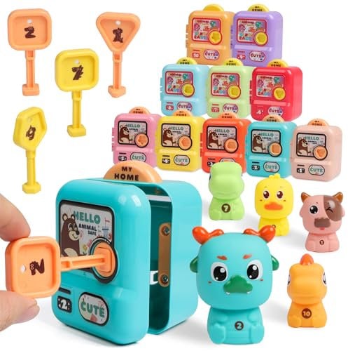 ROUSKY Jouets de motricité fine pour enfants de 2 à 3 à 4 à 5 ans, 30 marionnettes surprise en forme d'animal avec serrure au trésor à clé géométrique, couleurs assorties, formes géométriques, jeu de