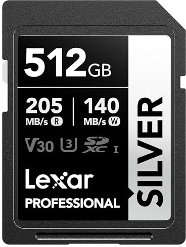 Lexar Tarjeta SD 512 GB Silver, hasta 205 MB/s de Lectura, Tarjeta de Memoria SDXC UHS-I, Clase 10, U3, V30, SD Card para Fotógrafos Profesionales, Videógrafos y Entusiastas