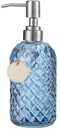 Topsky Glass Soap Dispenser with Siliver Metal Pump - 400ml Liquid Hand Soap Dispenser - Rustproof Pump for Kitchen & Bathroom, Great for Lotions, Essential Oil, Liquid Soaps Blue