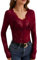 FEOYA Womens Lace Shirt Long Sleeve Tops Sexy Tops for Women Mesh Sheer Blouses Floral Transparent Shirts V Neck Top Red M