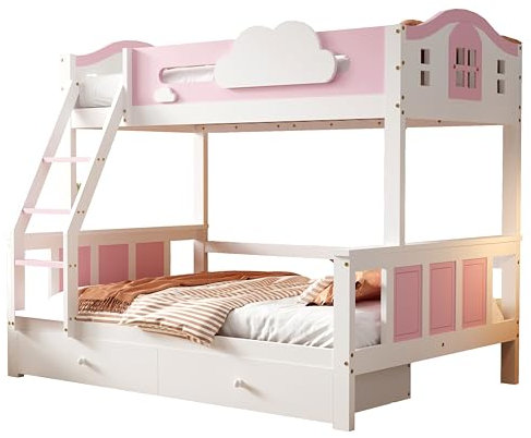 Zenithpath Letto a castello 90 x 200 cm e 120 x 200 cm, con griglia di protezione anticaduta a contrasto con finestra, con decorazione a nuvole, con scala obliqua e cassetti, in pino+MDF, bianco+rosa