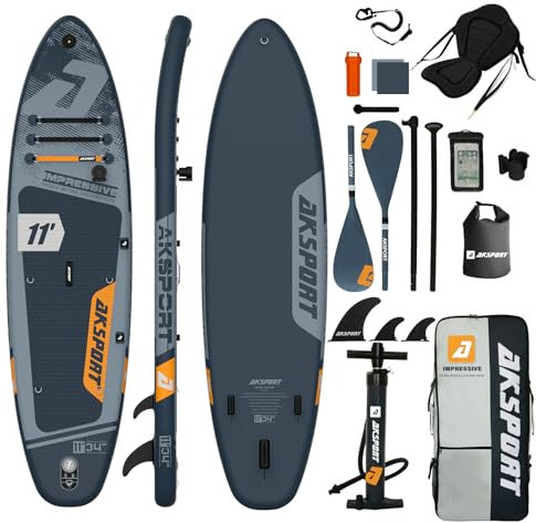AKSPORT Tavola da Paddle Gonfiabile 11' x 34'' x 6'' con Accessori Completi, Design Ampio e Stabile, Superficie Antiscivolo – SUP/Kayak 2-in-1 Convertibile per Pagaiare/Pesca