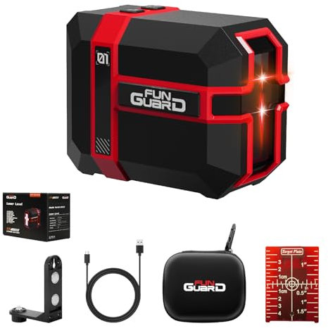 Funguard Red Laser Level Type-C Rechargeable Lithium Battery 360° Self Leveling Waterproof Outdoor Cross Line with Pulse Mode, Magnetic Bracket