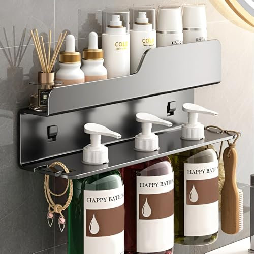 Suuwwn Lot de 2 étagères de douche sans perçage - Double couche - En acier inoxydable - Montage mural - Avec 2 surfaces adhésives