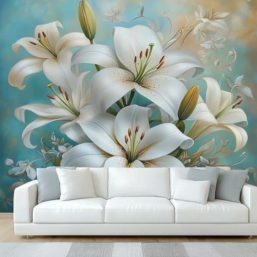 Générique Papier Peint Panoramique Fleuri De Lys, Papier Peint Fleur Blanche, Fresque Murale, Decoration Chambre Salon, 450 x 315 cm