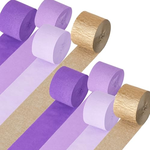 Lila Gold Party Dekorationen, 8 Rollen lila Gold Krepppapier Luftschlangen für Geburtstag, Jahrestag, Brautparty, Hochzeit, Lavendel, Abschlussfeier, Mardi Gras Dekorationen, 4,6 cm x 2,5 m / Rolle