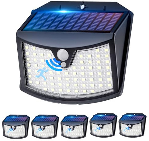 Luce Solare Led Esterno, 3 Modos IP65 Impermeabile Faretto LED da Esterno con Sensore di Movimento, Lampada Solare da Esterno per Giardino, Parete, Garage (6 Pezzi Bianco Freddo)