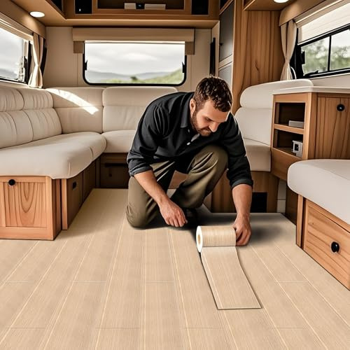 VFGFDJNDFX Wasserfest Vinylboden Selbstklebend Für Wohnwagenpolster Holzoptik Abriebfester PVC Bodenbelag Meterware Für Wohnmobil Camper (Helles Beige,120 * 500cm)