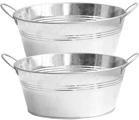 Owddddtnxc Verzinkter Pflanzer 2pcs Große runde verzinkte Wanne mit stabilen Griffen 9, 76 x 4, 33 Zoll Metall Pflanzer Zinkwanne zum Pflanzen, Getränkekühler, Eiseimer
