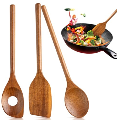 3 Stück Kochlöffel Holz, 30cm Holzkochlöffel für Antihaftpfannen Tontöpfe | Kochlöffel Set mit Pfannenwender & Risottolöffel, antibakterielle Holzlöffel für Antihaftpfannen und Tontöpfe