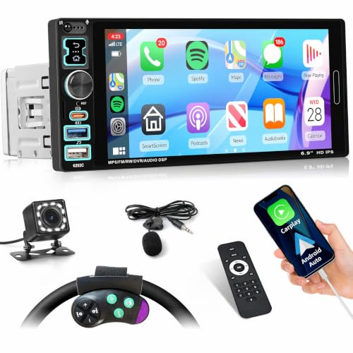 Inefala 6.9 Carplay Car Stereo Single Din Touchscreen Radio Android Auto Bluetooth 5.2 Car Audio Receiver Backup Camera USB Type C FM EQ SWC MIC