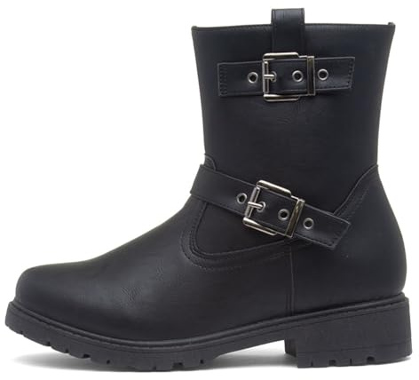 Lilley Womens Black Buckle Zip Up Ankle Boots