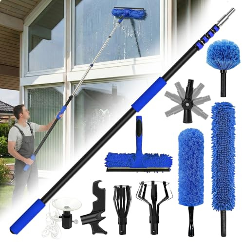 HoldOneLight 30FT Heavy Duty Light Bulb Changer for High Ceilings with Utility Hook & High Ceiling Duster Kit - Sturdy Ceiling Fan & Window Cleaner, Secure Lock, Lightweight Durable Cleaning Set