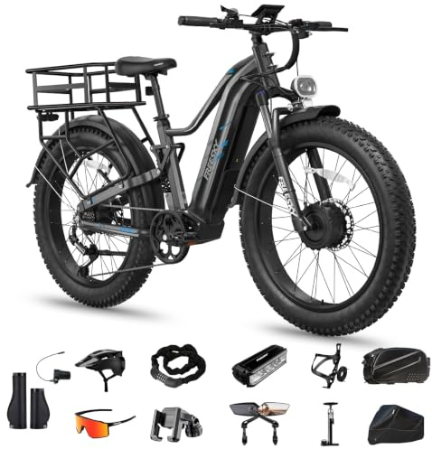 FREESKY Dual Motor Ebike for Adults : Eurostar Turbo 210NM Electric Bike, 48V 25Ah Battery 105-Mile Off-Road E Bike,26 Fat Tire Full-Suspension All-Terrain Mountain E Bicycle - Expedition & Commuter