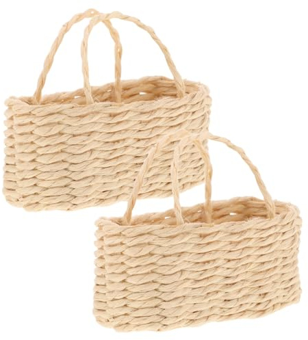 FELTECHELECTR Miniatur Einkaufskorb 2 Stück Handgefertigte Kleine Webkörbe aus Beige Rattan Quadratisch mit Ovalem Rand Puppenhaus Dekoration und Spielzeugkorb