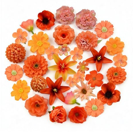 Katyjun Künstliche Blumen 60 Stück Kunstblumen Wie Echt in Warmen Orangetönen Deko Blumen Mit 2-7,5 cm Blütengröße Kunstblumen Zum Basteln Aus Seidenstoff